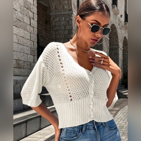 New Open Knit Crochet Scalloped Button Up Cardigan Sweater Beige Cream - Picture 3 of 8